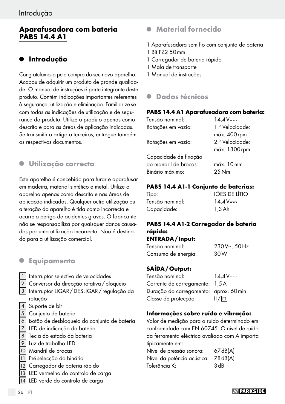 Aparafusadora com bateria pabs 14.4 a1, Introdução, Utilização correcta | Equipamento, Material fornecido, Dados técnicos | Parkside PABS 14.4 A1 User Manual | Page 26 / 55