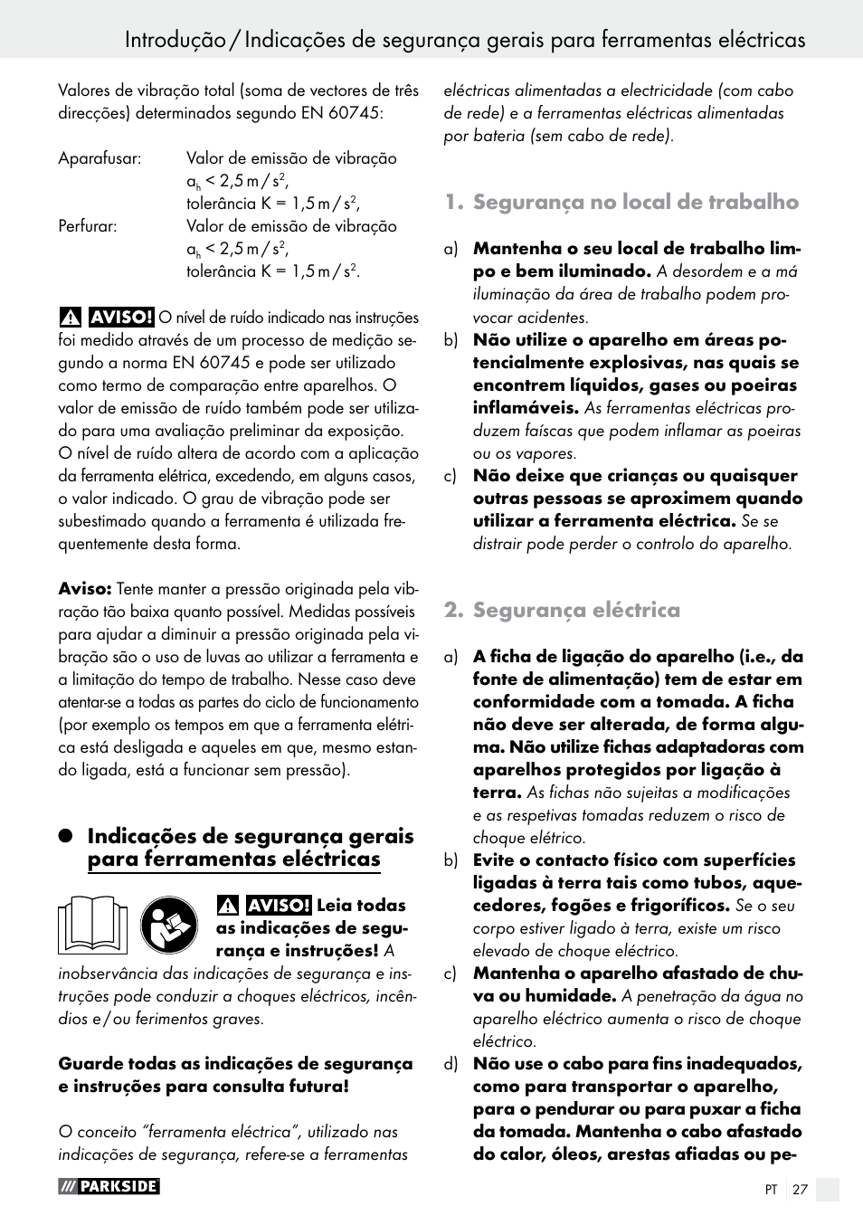 Segurança no local de trabalho, Segurança eléctrica | Parkside PABS 14.4 A1 User Manual | Page 27 / 55