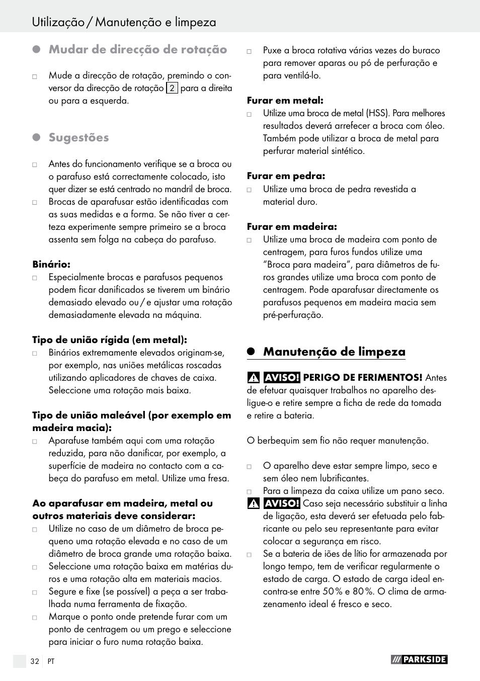 Mudar de direcção de rotação, Sugestões, Manutenção de limpeza | Parkside PABS 14.4 A1 User Manual | Page 32 / 55
