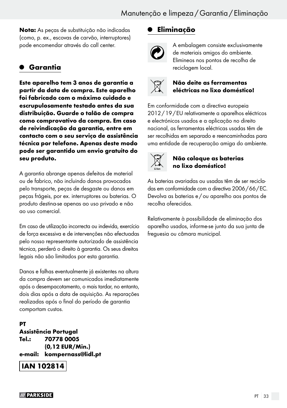 Garantia, Eliminação | Parkside PABS 14.4 A1 User Manual | Page 33 / 55