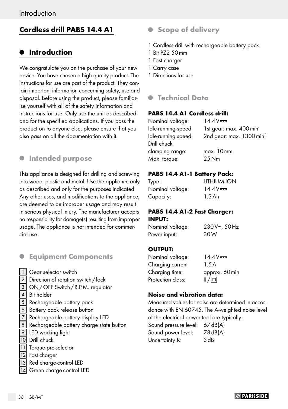 Introduction, Cordless drill pabs 14.4 a1, Intended purpose | Equipment components, Scope of delivery, Technical data | Parkside PABS 14.4 A1 User Manual | Page 36 / 55
