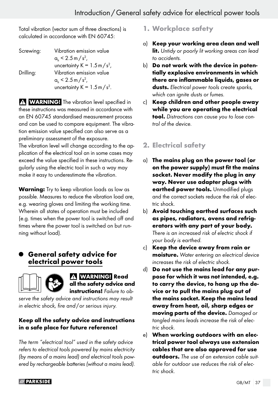 General safety advice for electrical power tools, Workplace safety, Electrical safety | Parkside PABS 14.4 A1 User Manual | Page 37 / 55