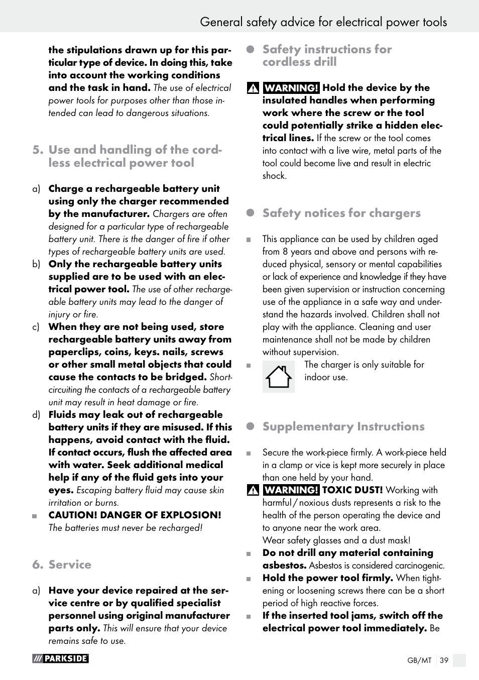 General safety advice for electrical power tools, Service, Safety instructions for cordless drill | Safety notices for chargers, Supplementary instructions | Parkside PABS 14.4 A1 User Manual | Page 39 / 55