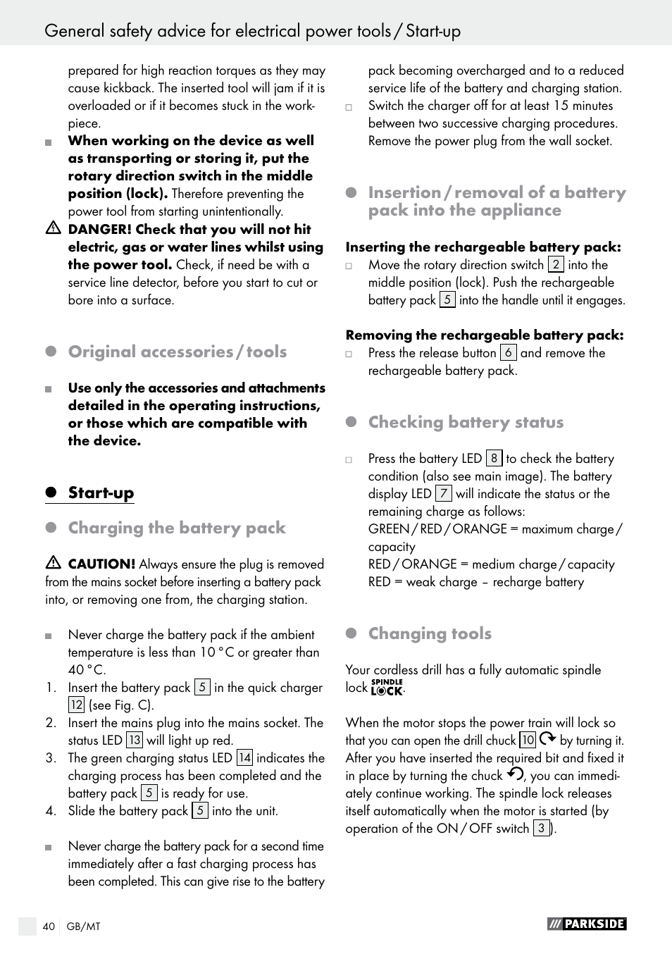 Start-up / operation, Original accessories / tools, Start-up | Charging the battery pack, Checking battery status, Changing tools | Parkside PABS 14.4 A1 User Manual | Page 40 / 55
