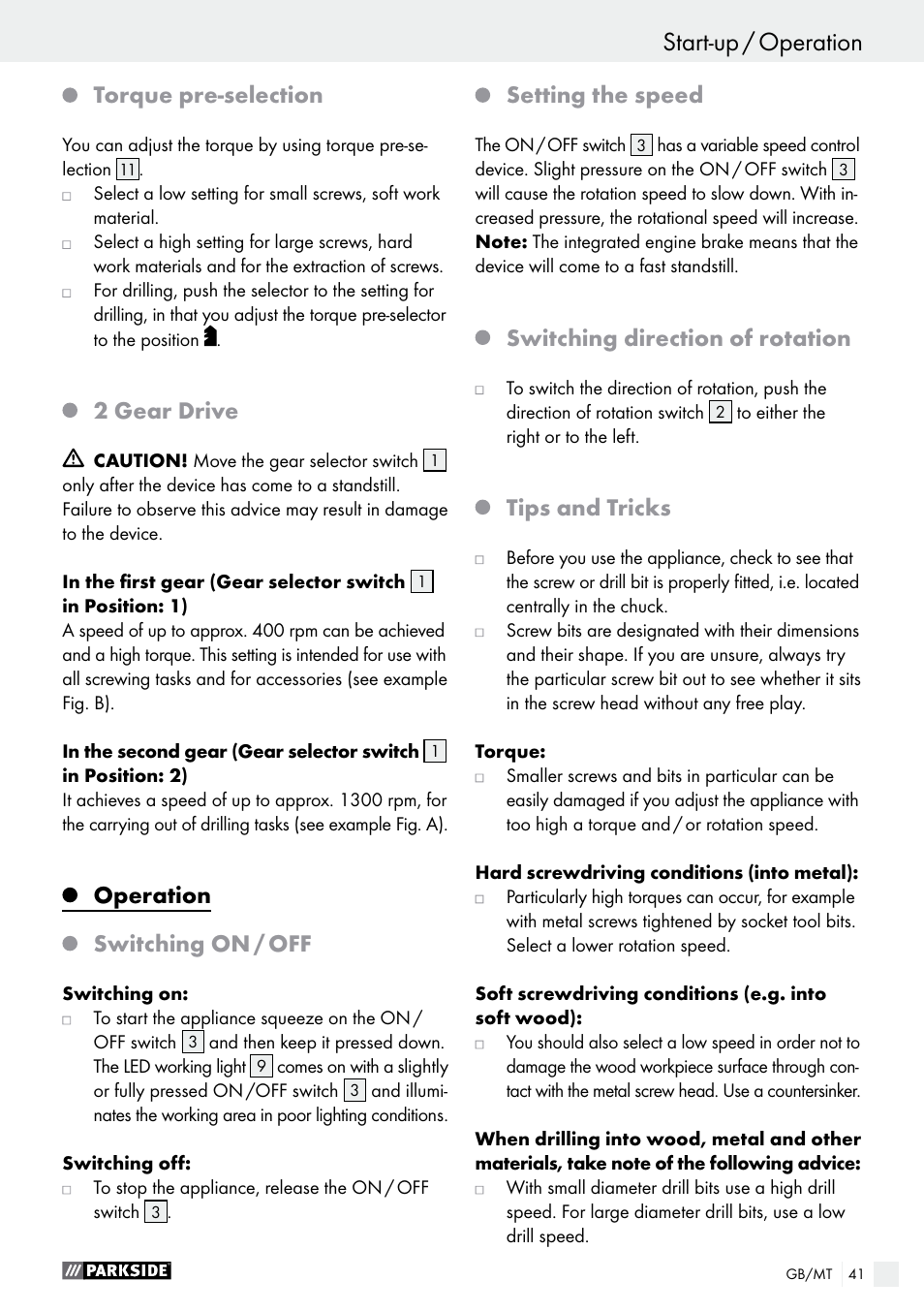Torque pre-selection, 2 gear drive, Operation | Switching on / off, Setting the speed, Switching direction of rotation, Tips and tricks | Parkside PABS 14.4 A1 User Manual | Page 41 / 55