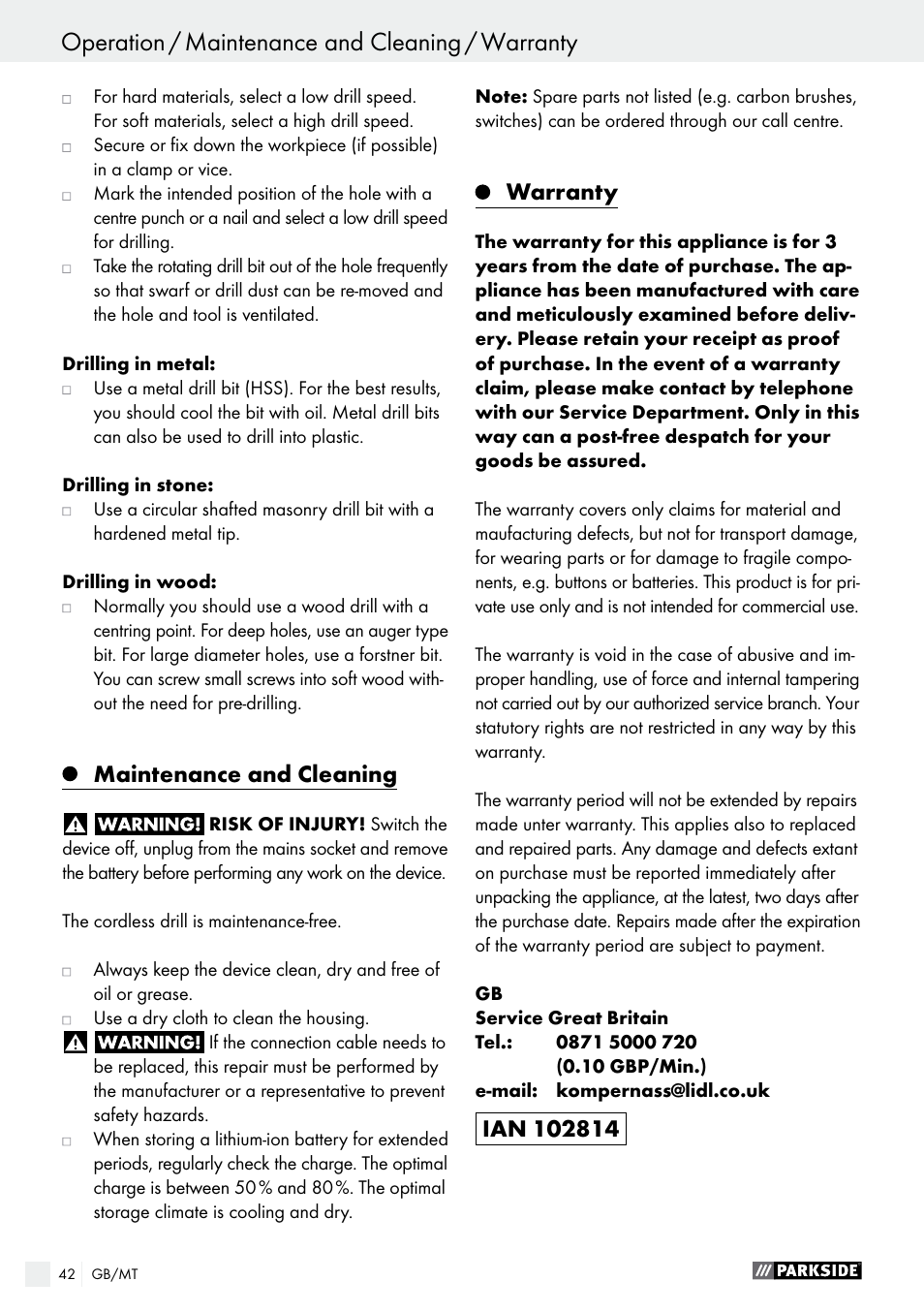 Maintenance and cleaning, Warranty | Parkside PABS 14.4 A1 User Manual | Page 42 / 55