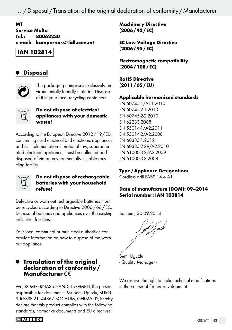 Operation / maintenance and cleaning / warranty, Disposal | Parkside PABS 14.4 A1 User Manual | Page 43 / 55