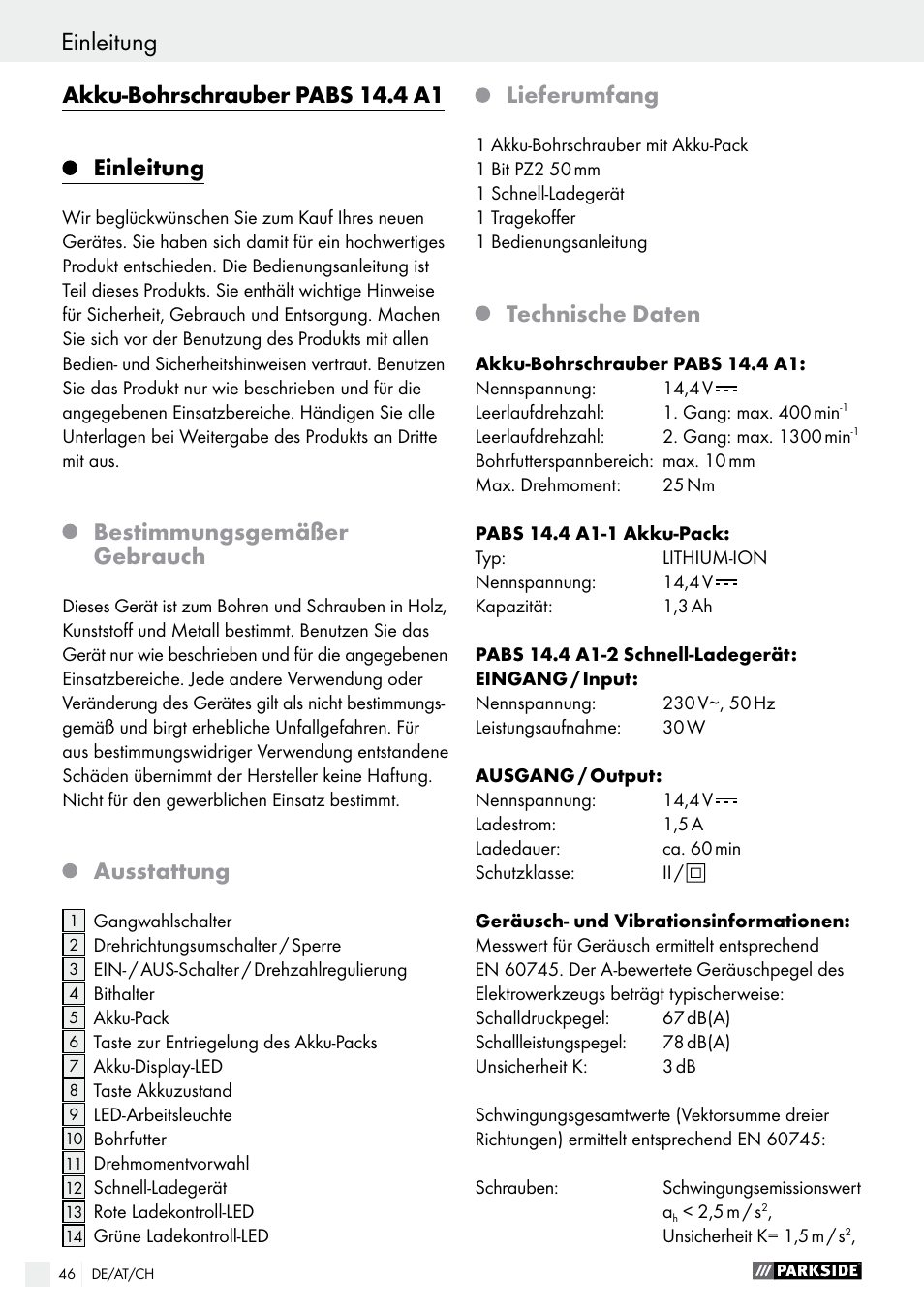 Einleitung, Akku-bohrschrauber pabs 14.4 a1, Bestimmungsgemäßer gebrauch | Ausstattung, Lieferumfang, Technische daten | Parkside PABS 14.4 A1 User Manual | Page 46 / 55