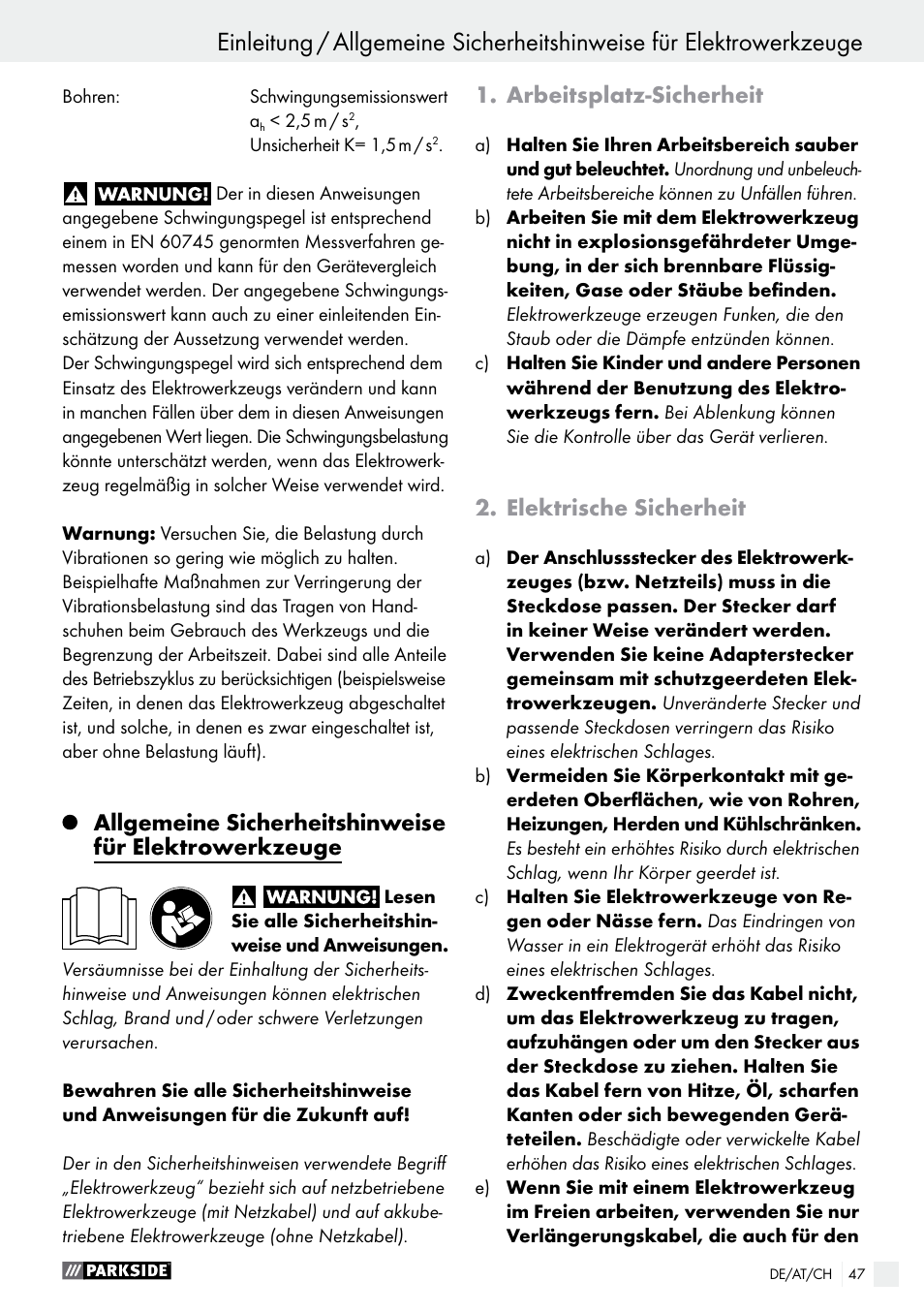 Arbeitsplatz-sicherheit, Elektrische sicherheit | Parkside PABS 14.4 A1 User Manual | Page 47 / 55