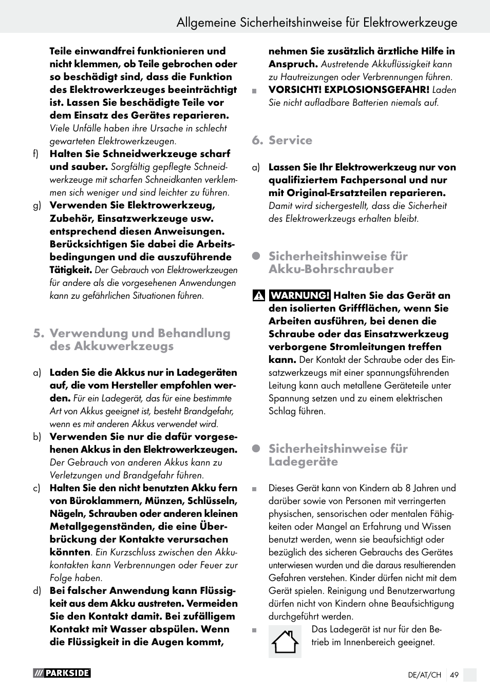 Verwendung und behandlung des akkuwerkzeugs, Service, Sicherheitshinweise für akku-bohrschrauber | Sicherheitshinweise für ladegeräte | Parkside PABS 14.4 A1 User Manual | Page 49 / 55