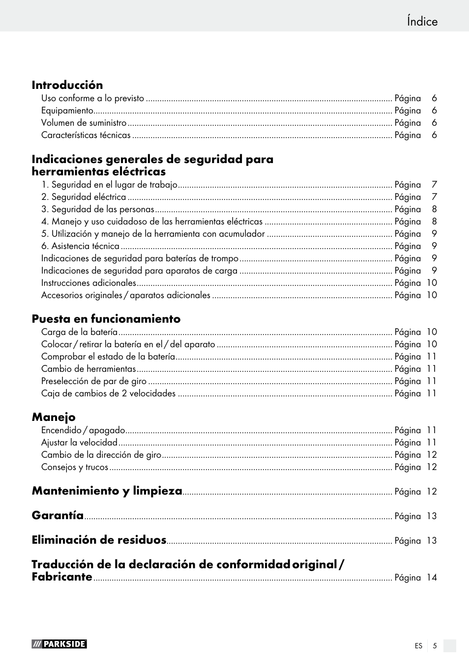 Índice | Parkside PABS 14.4 A1 User Manual | Page 5 / 55