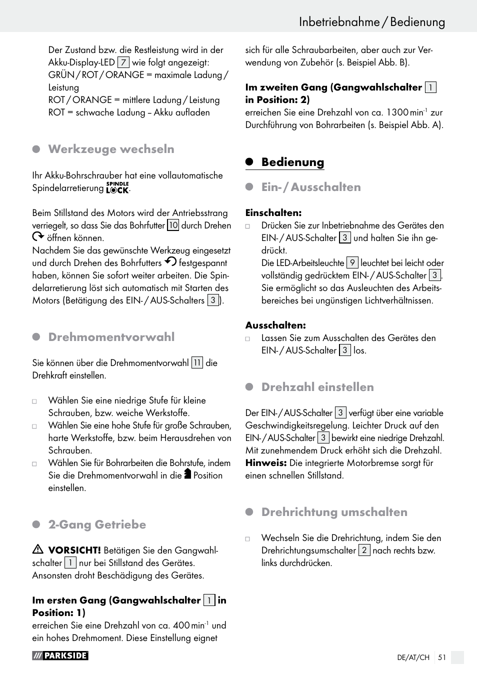 Inbetriebnahme / bedienung, Werkzeuge wechseln, Drehmomentvorwahl | Gang getriebe, Bedienung, Ein- / ausschalten, Drehzahl einstellen, Drehrichtung umschalten | Parkside PABS 14.4 A1 User Manual | Page 51 / 55