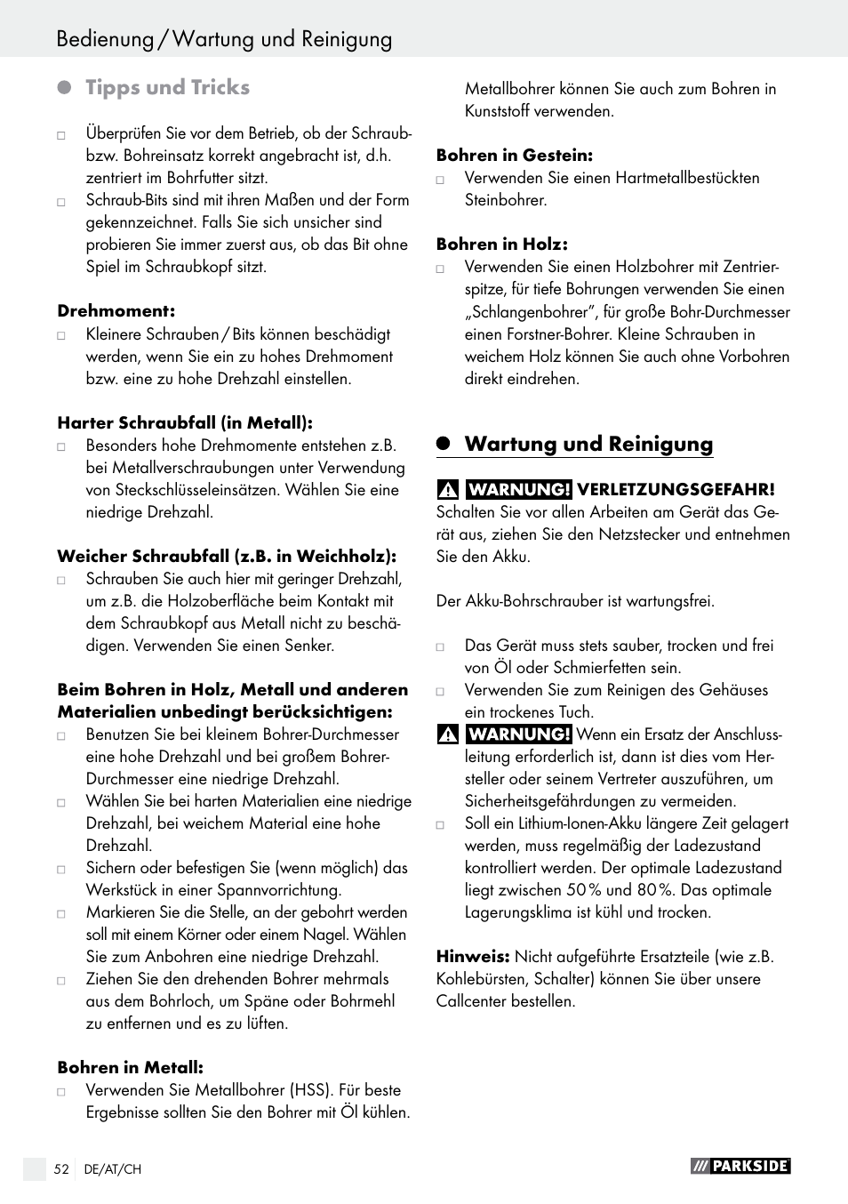 Tipps und tricks, Wartung und reinigung | Parkside PABS 14.4 A1 User Manual | Page 52 / 55