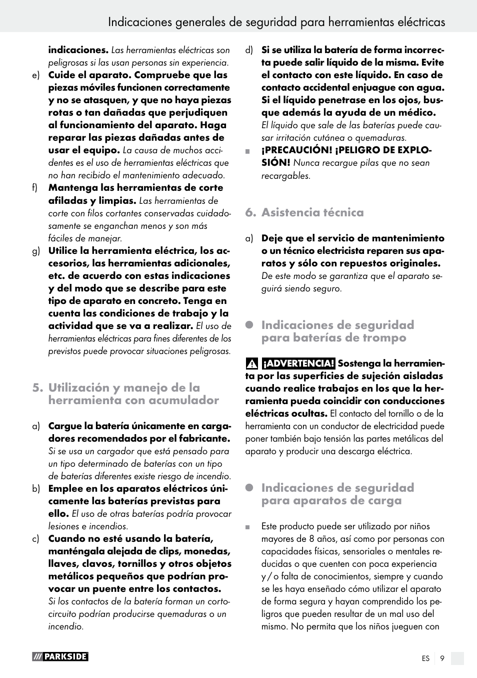 Asistencia técnica, Indicaciones de seguridad para baterías de trompo, Indicaciones de seguridad para aparatos de carga | Parkside PABS 14.4 A1 User Manual | Page 9 / 55