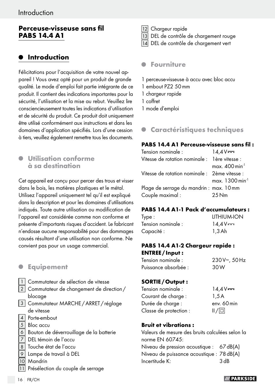 Perceuse-visseuse sans fil pabs 14.4 a1, Introduction, Utilisation conforme à sa destination | Equipement, Fourniture, Caractéristiques techniques | Parkside PABS 14.4 A1 User Manual | Page 16 / 44