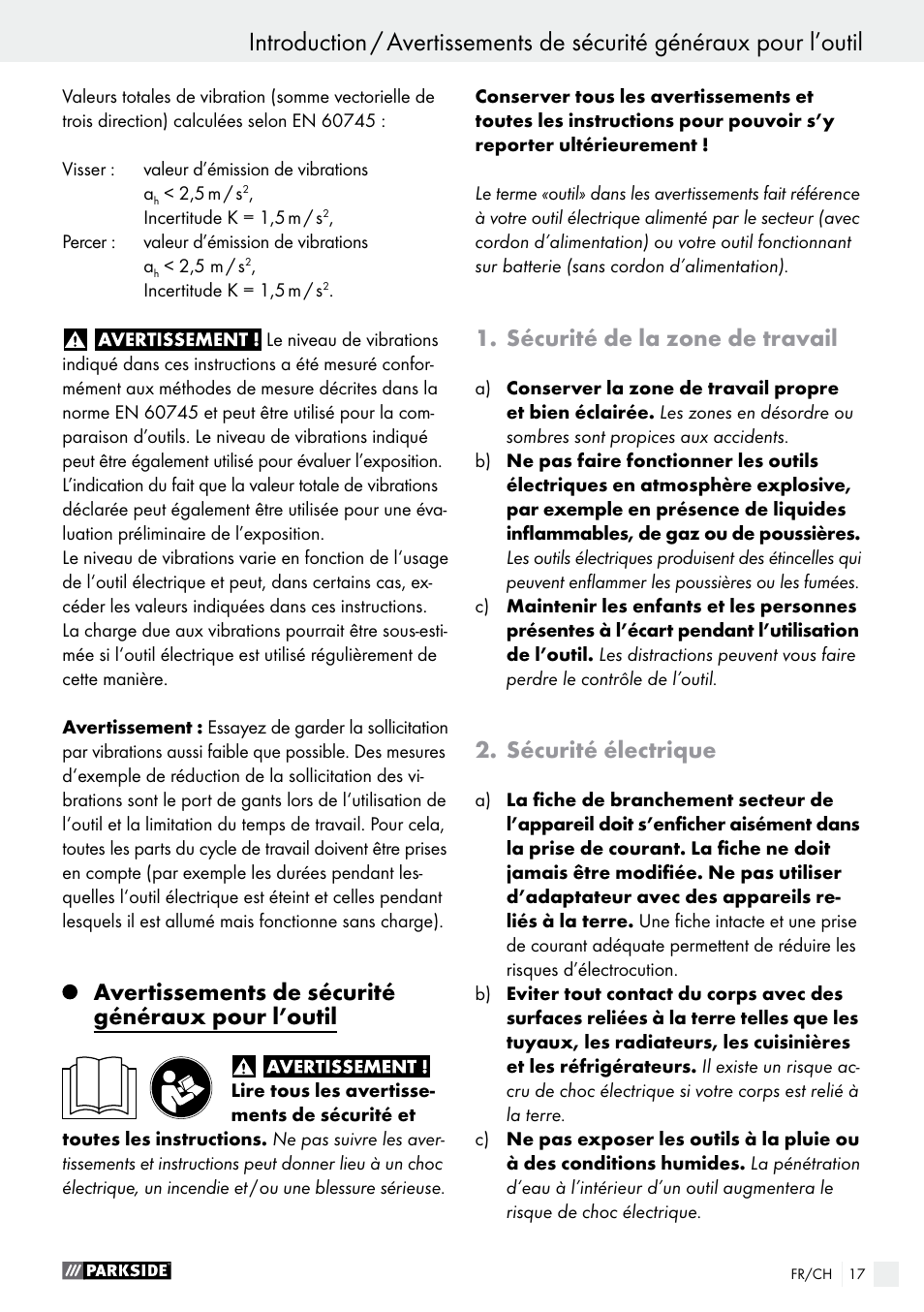 Avertissements de sécurité généraux pour l’outil, Sécurité de la zone de travail, Sécurité électrique | Parkside PABS 14.4 A1 User Manual | Page 17 / 44
