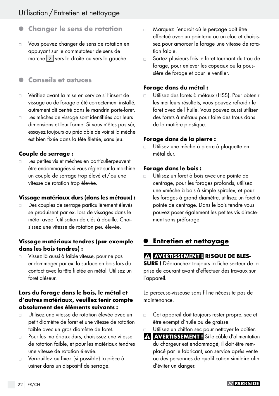 Entretien et nettoyage / garantie / mise au rebut, Utilisation / entretien et nettoyage, Changer le sens de rotation | Conseils et astuces, Entretien et nettoyage | Parkside PABS 14.4 A1 User Manual | Page 22 / 44