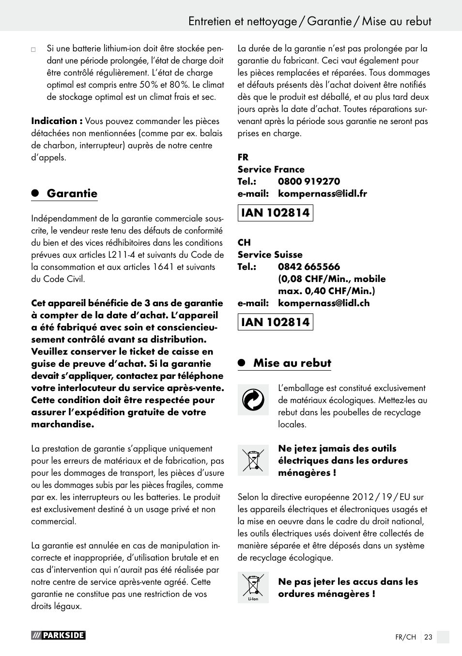 Entretien et nettoyage / garantie / mise au rebut, Garantie, Mise au rebut | Parkside PABS 14.4 A1 User Manual | Page 23 / 44