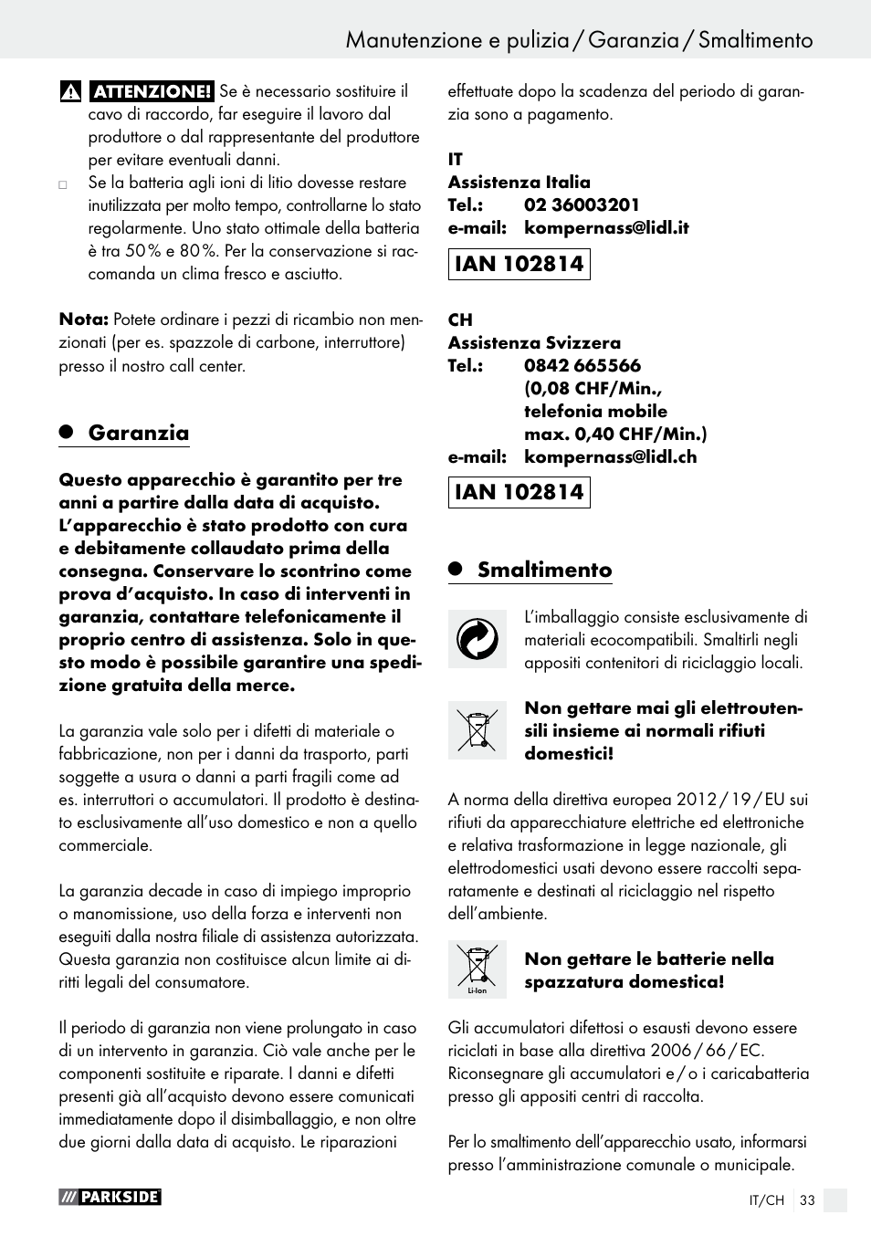 Garanzia, Smaltimento | Parkside PABS 14.4 A1 User Manual | Page 33 / 44