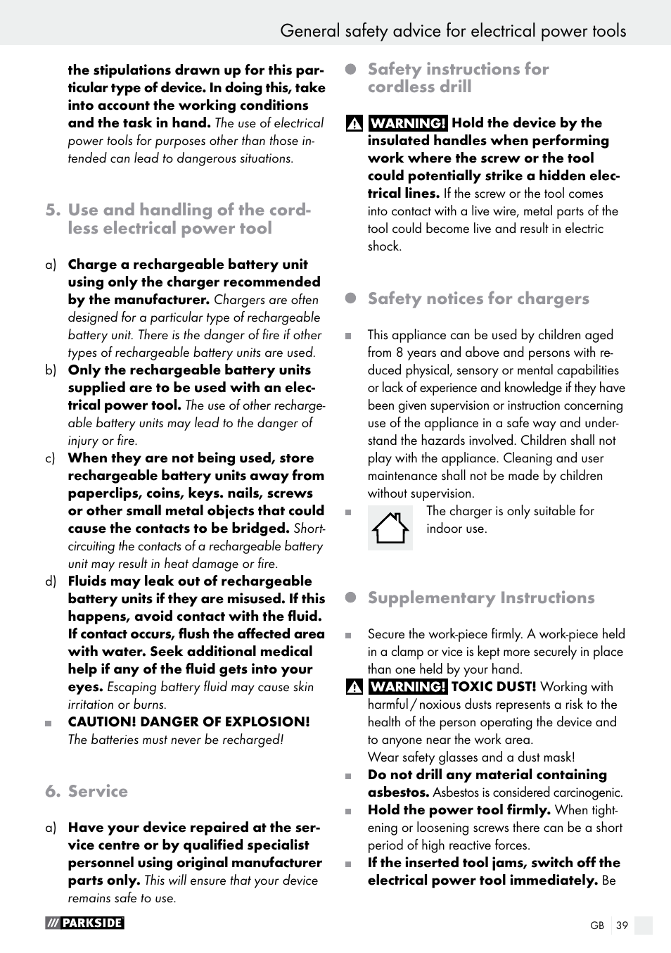 General safety advice for electrical power tools, Service, Safety instructions for cordless drill | Safety notices for chargers, Supplementary instructions | Parkside PABS 14.4 A1 User Manual | Page 39 / 44
