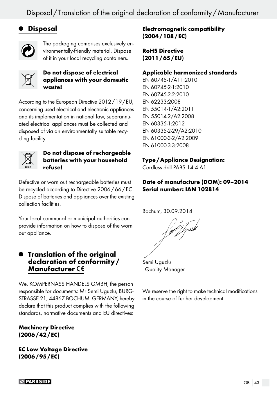 Operation / maintenance and cleaning / warranty, Disposal | Parkside PABS 14.4 A1 User Manual | Page 43 / 44