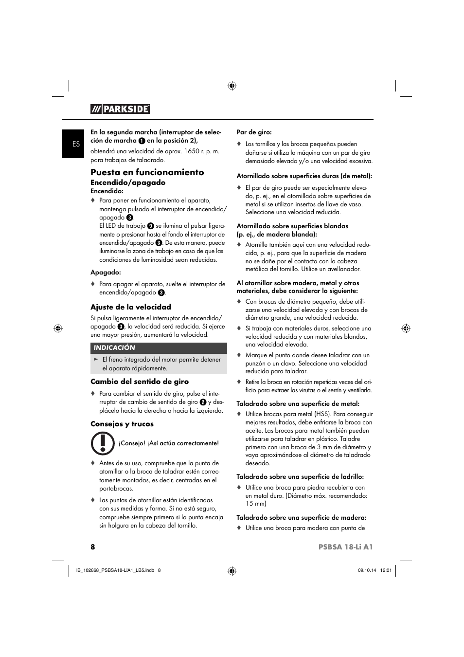 Puesta en funcionamiento | Parkside PSBSA 18-Li A1 User Manual | Page 11 / 64