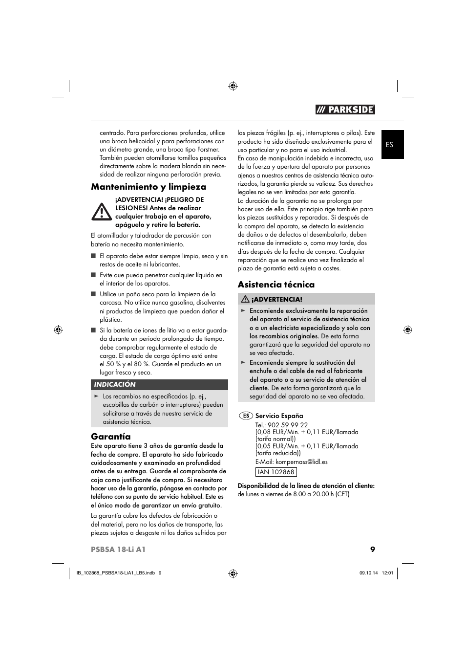 Mantenimiento y limpieza, Garantía, Asistencia técnica | Parkside PSBSA 18-Li A1 User Manual | Page 12 / 64