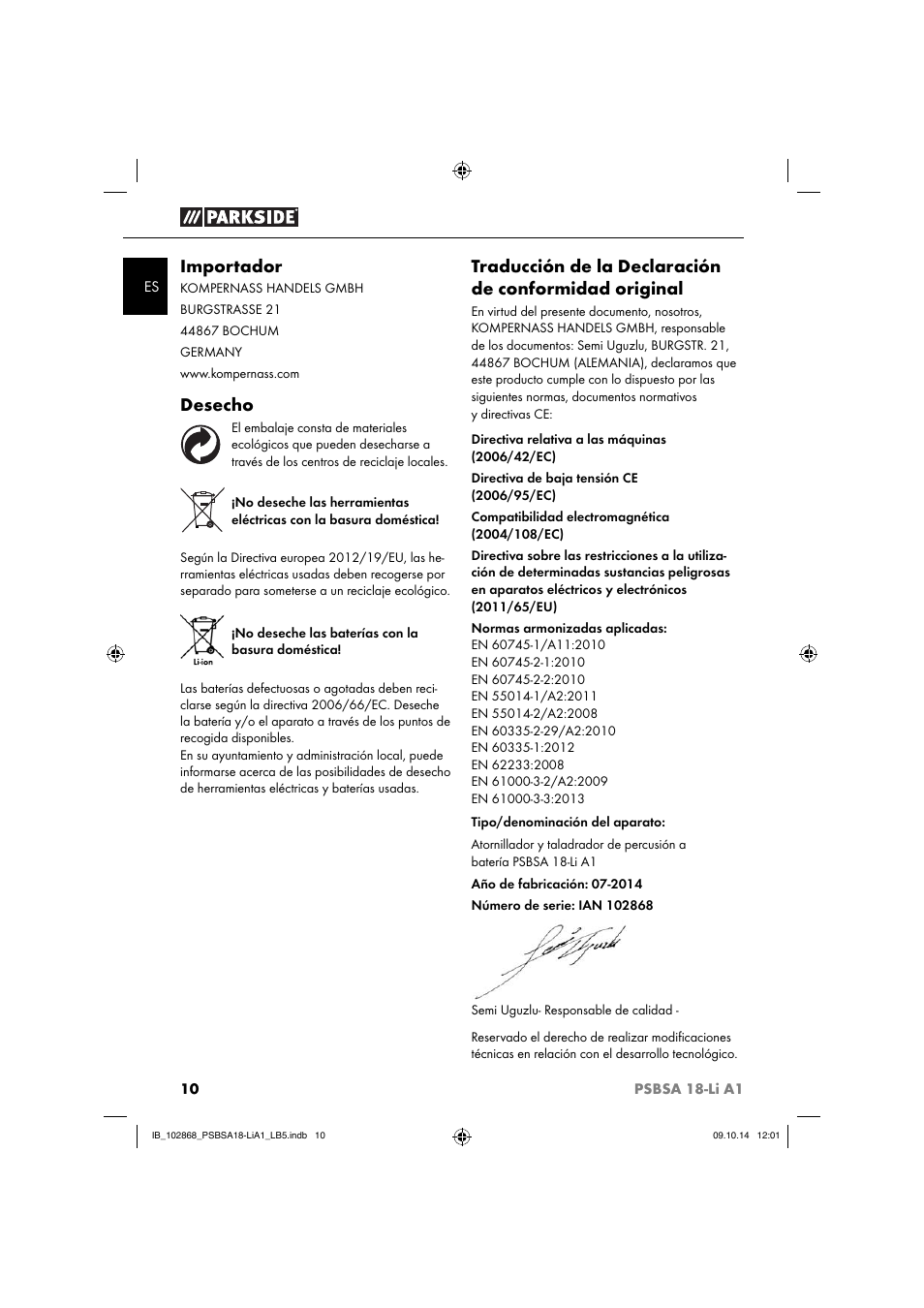 Importador, Desecho | Parkside PSBSA 18-Li A1 User Manual | Page 13 / 64