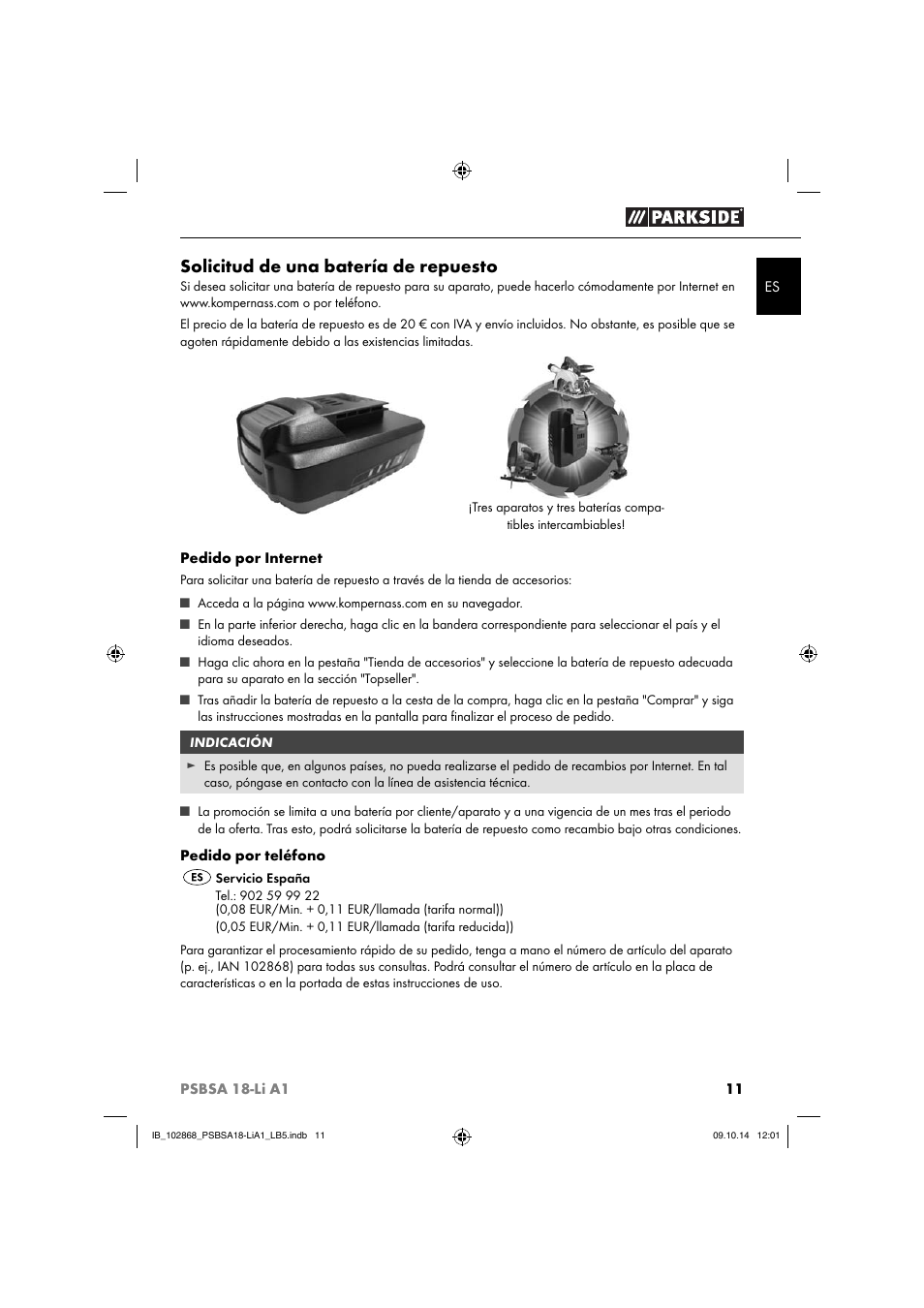 Solicitud de una batería de repuesto | Parkside PSBSA 18-Li A1 User Manual | Page 14 / 64