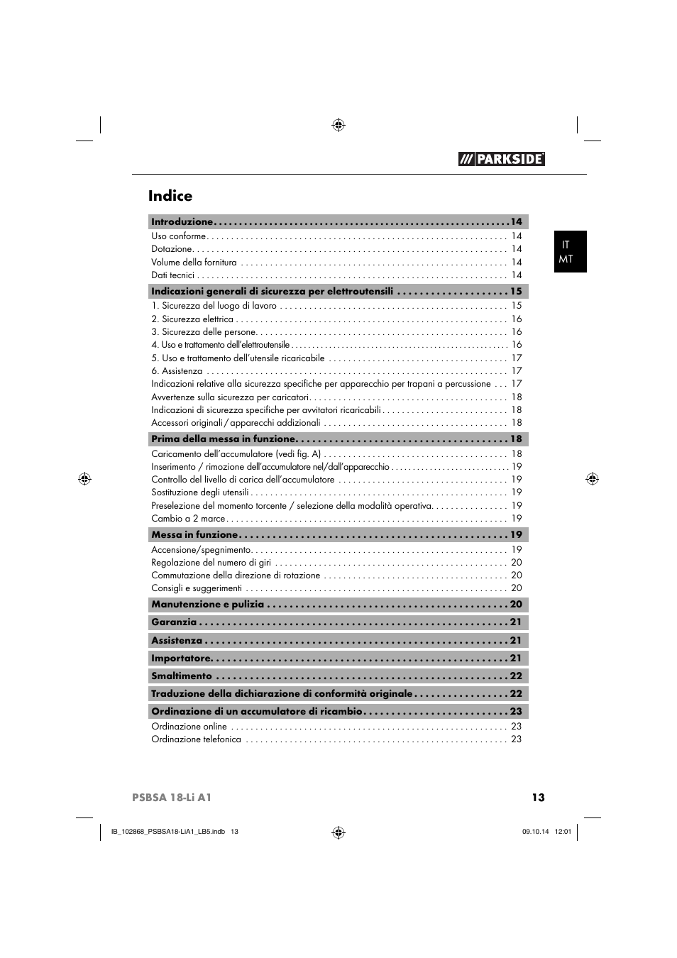 Indice | Parkside PSBSA 18-Li A1 User Manual | Page 16 / 64