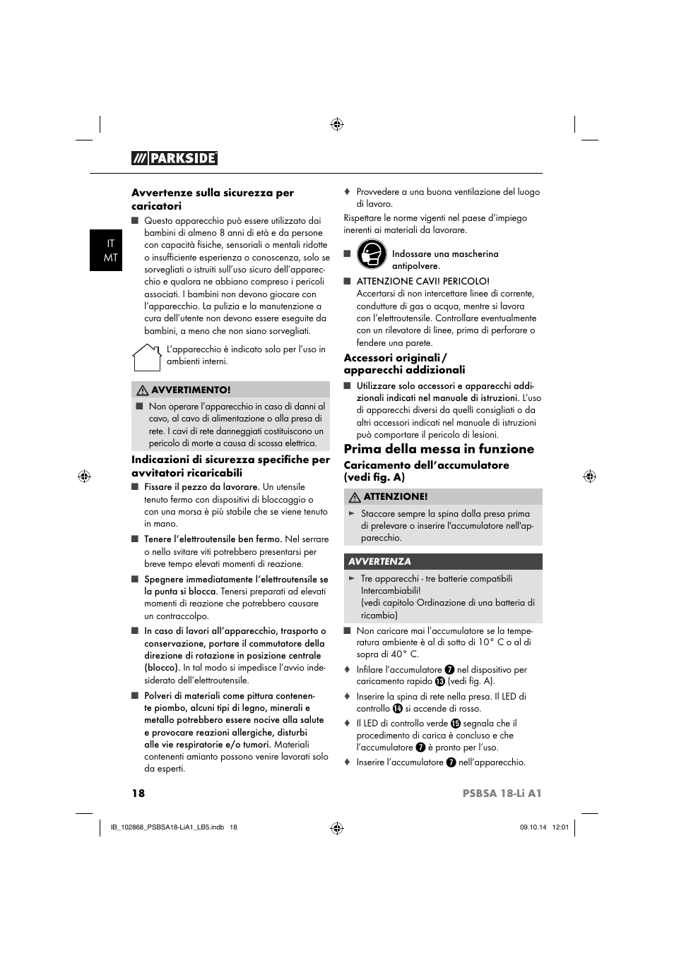 Prima della messa in funzione | Parkside PSBSA 18-Li A1 User Manual | Page 21 / 64