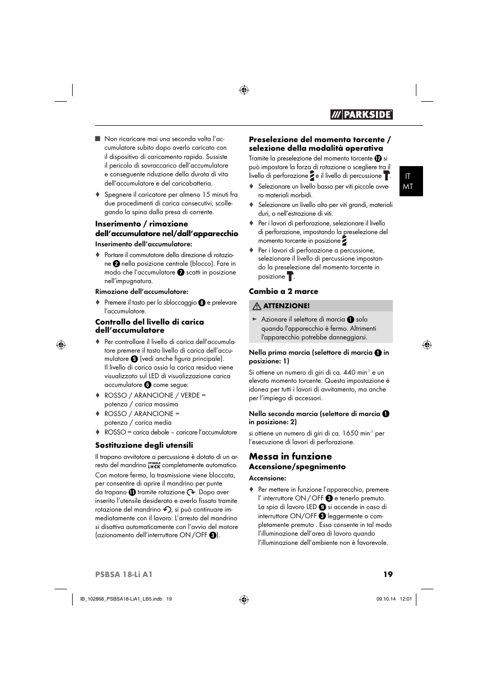 Messa in funzione | Parkside PSBSA 18-Li A1 User Manual | Page 22 / 64