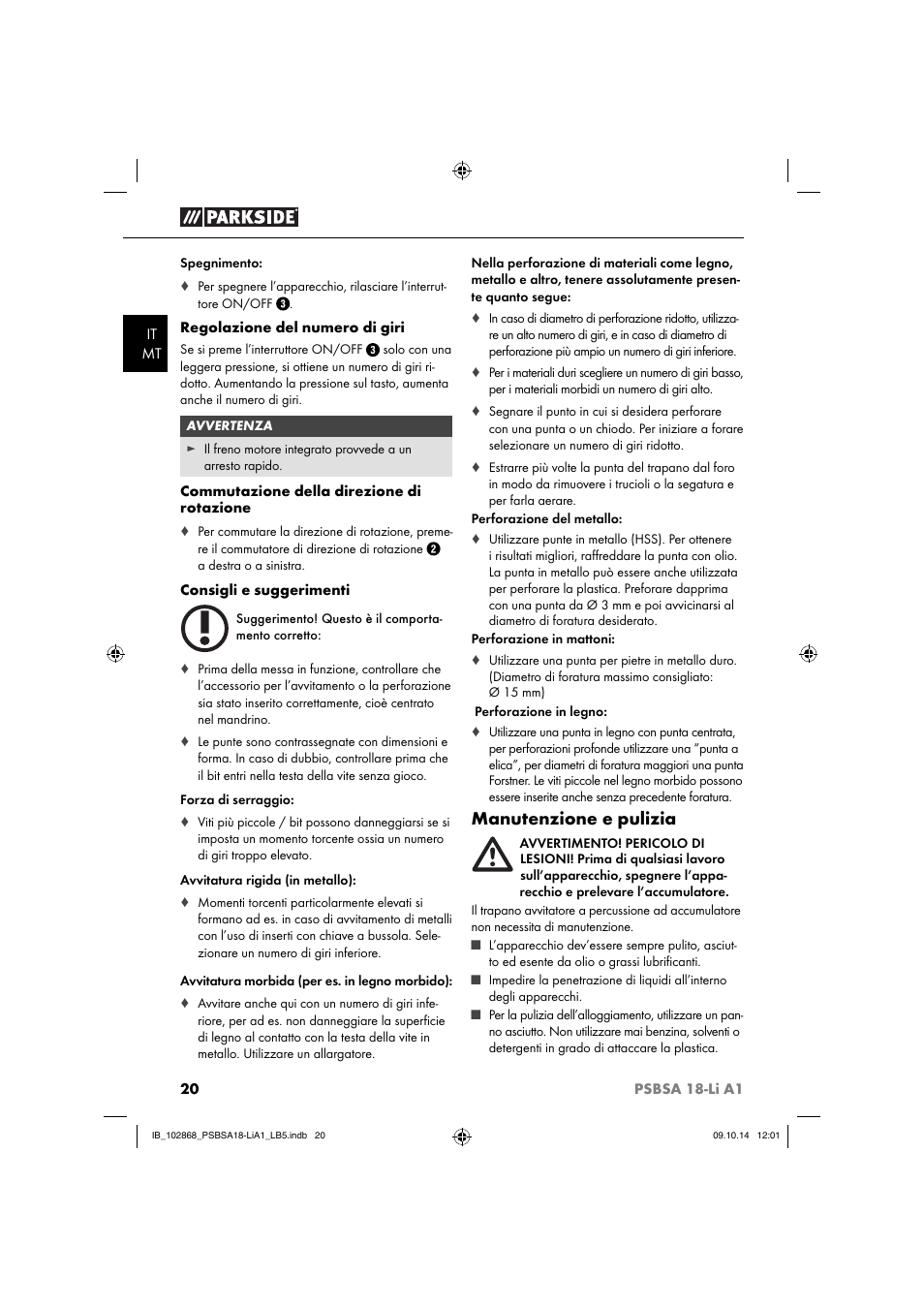 Manutenzione e pulizia | Parkside PSBSA 18-Li A1 User Manual | Page 23 / 64