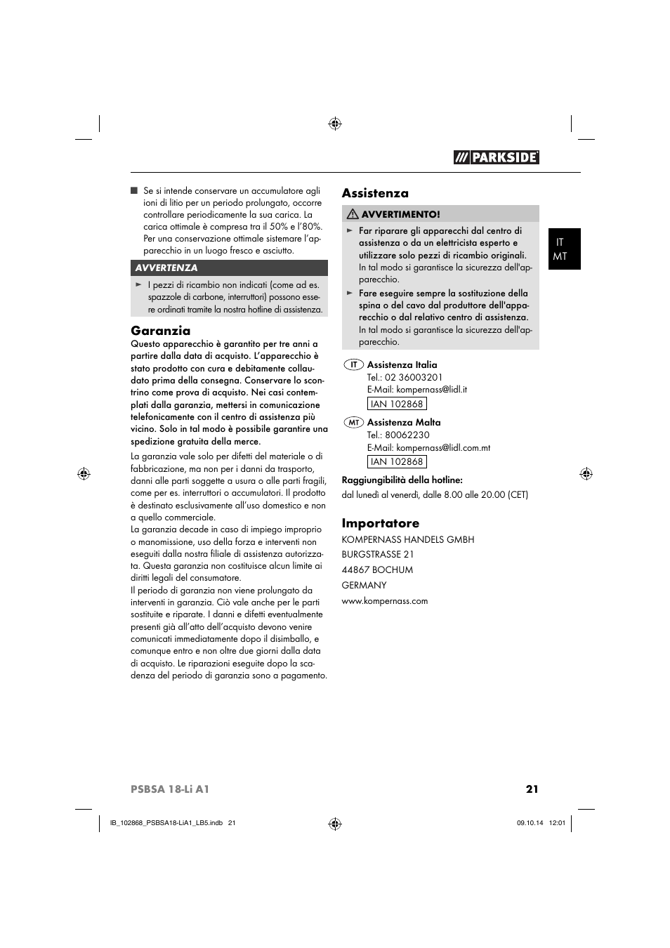 Garanzia, Assistenza, Importatore | Parkside PSBSA 18-Li A1 User Manual | Page 24 / 64