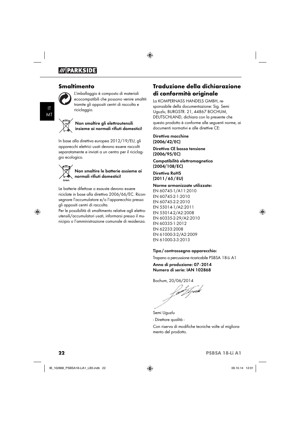 Smaltimento | Parkside PSBSA 18-Li A1 User Manual | Page 25 / 64