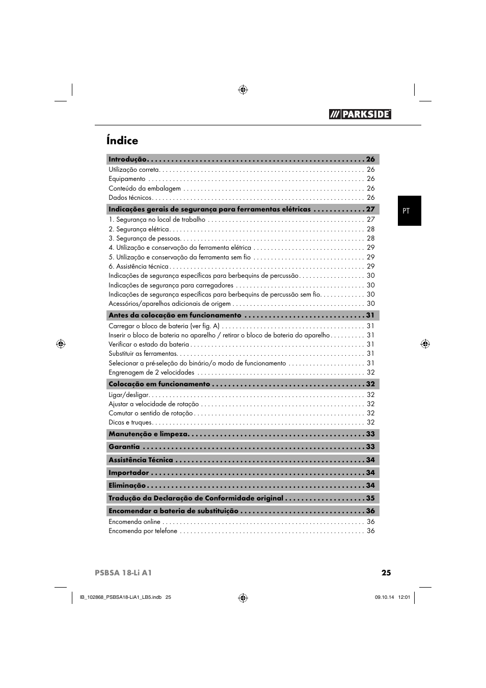 Índice | Parkside PSBSA 18-Li A1 User Manual | Page 28 / 64