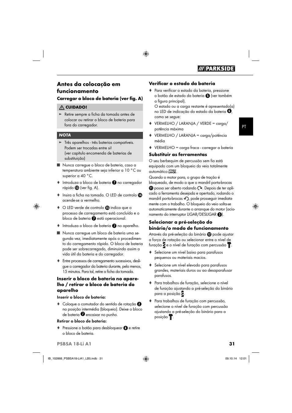 Antes da colocação em funcionamento | Parkside PSBSA 18-Li A1 User Manual | Page 34 / 64