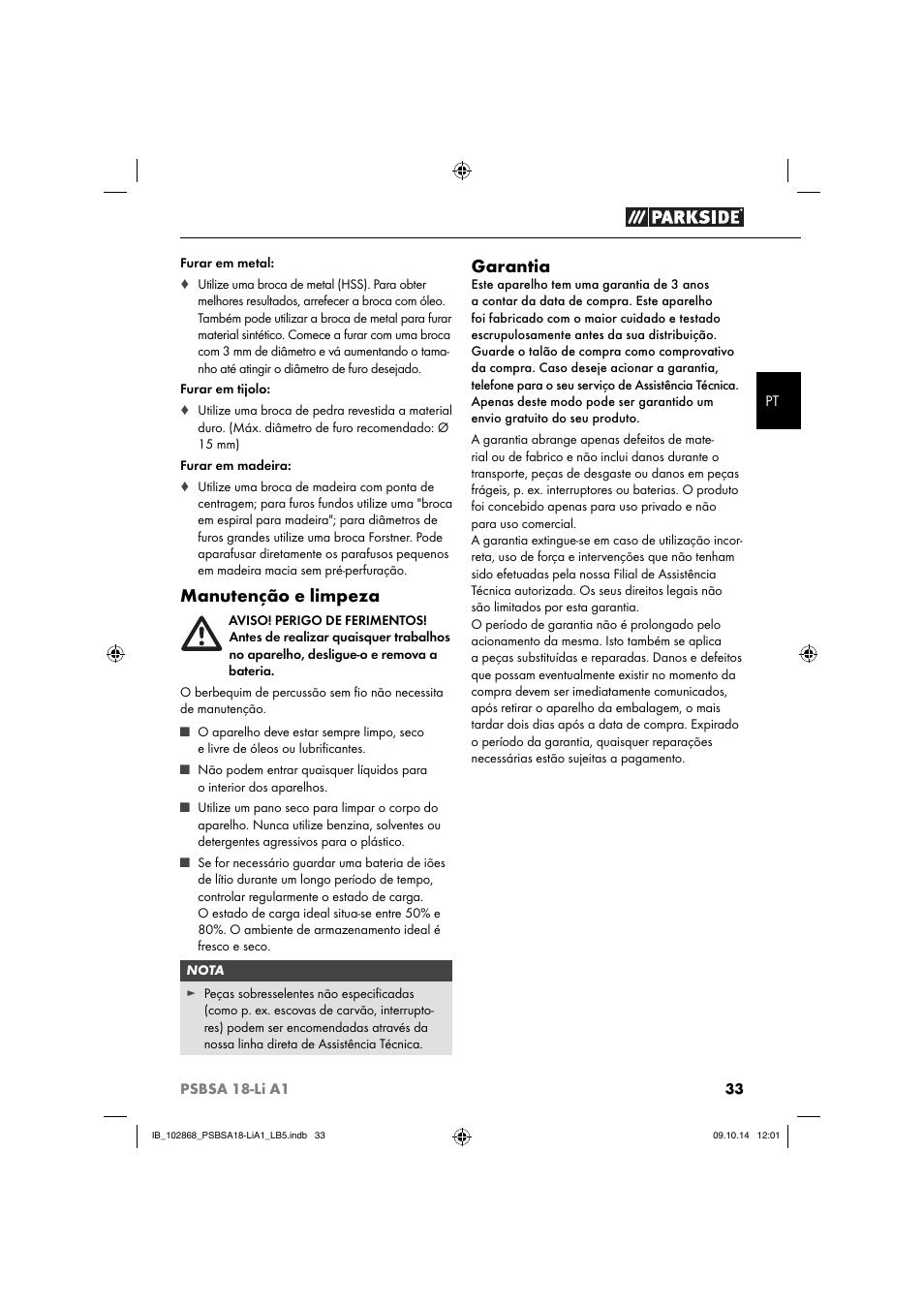 Manutenção e limpeza, Garantia | Parkside PSBSA 18-Li A1 User Manual | Page 36 / 64
