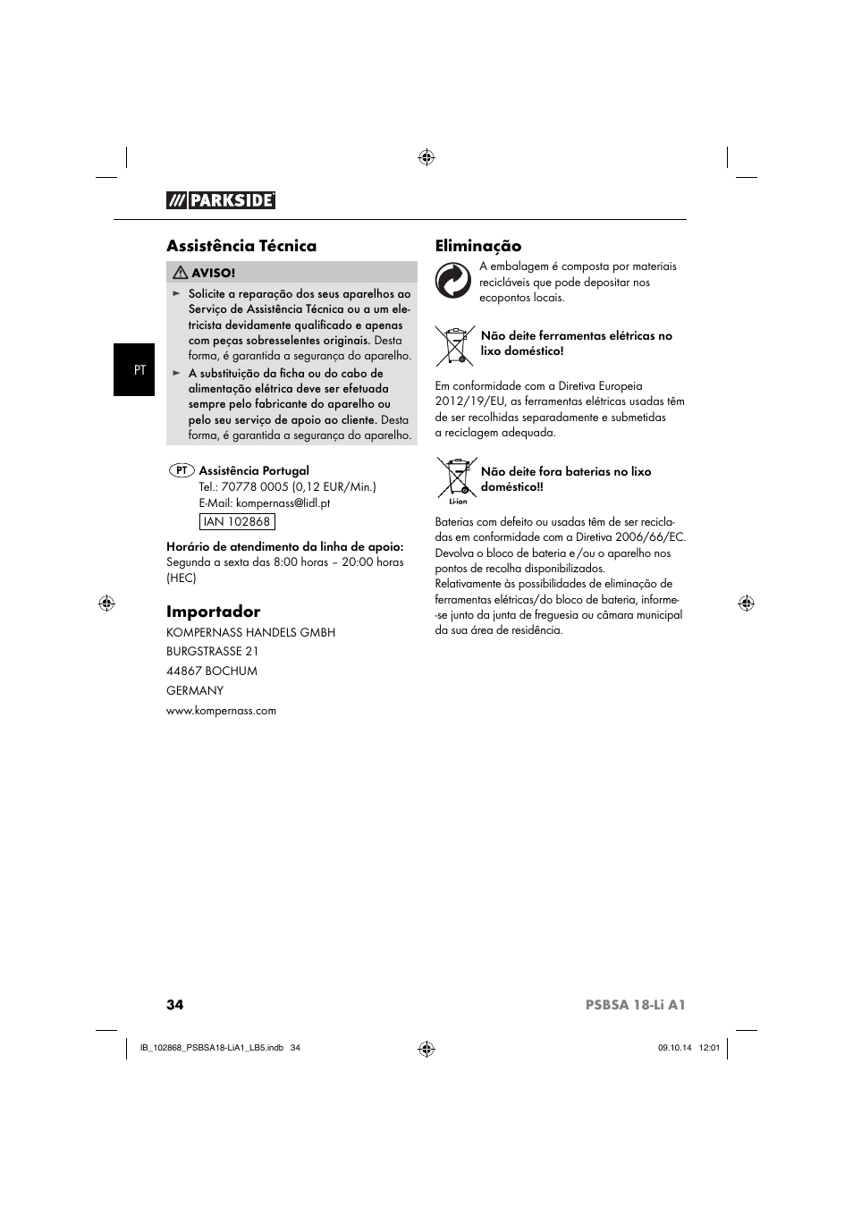 Assistência técnica, Importador, Eliminação | Parkside PSBSA 18-Li A1 User Manual | Page 37 / 64