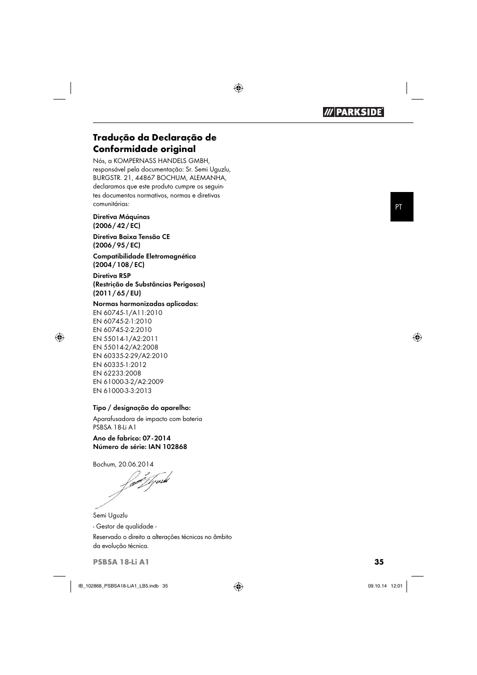 Tradução da declaração de conformidade original | Parkside PSBSA 18-Li A1 User Manual | Page 38 / 64