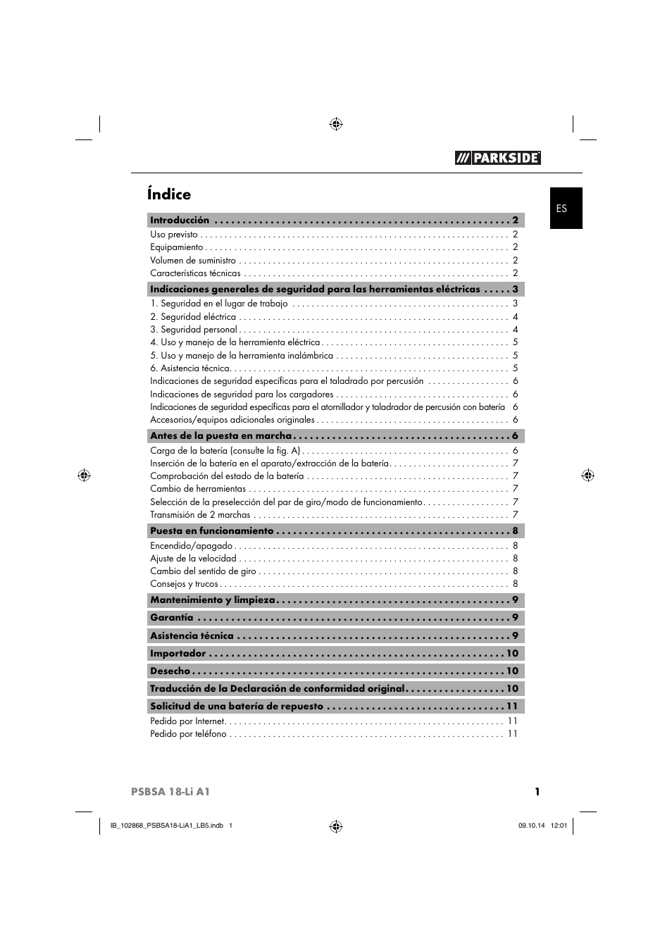 Índice | Parkside PSBSA 18-Li A1 User Manual | Page 4 / 64