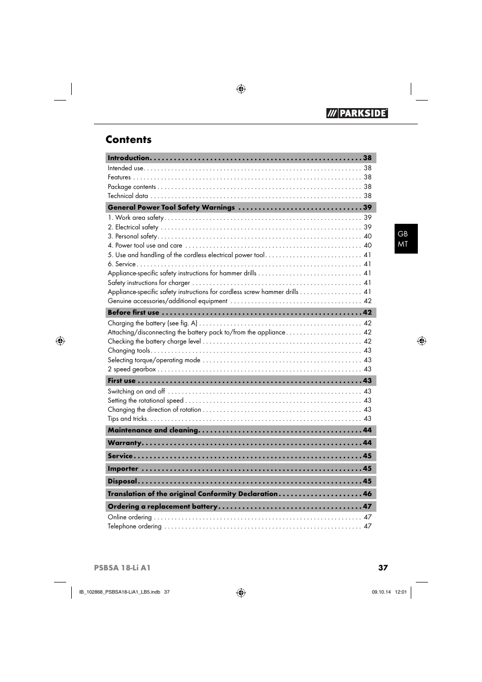 Parkside PSBSA 18-Li A1 User Manual | Page 40 / 64