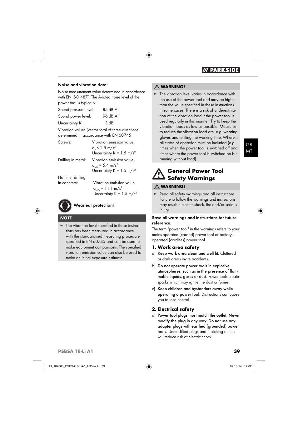 General power tool safety warnings | Parkside PSBSA 18-Li A1 User Manual | Page 42 / 64