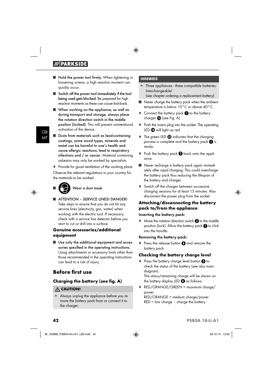 Before ﬁ rst use | Parkside PSBSA 18-Li A1 User Manual | Page 45 / 64