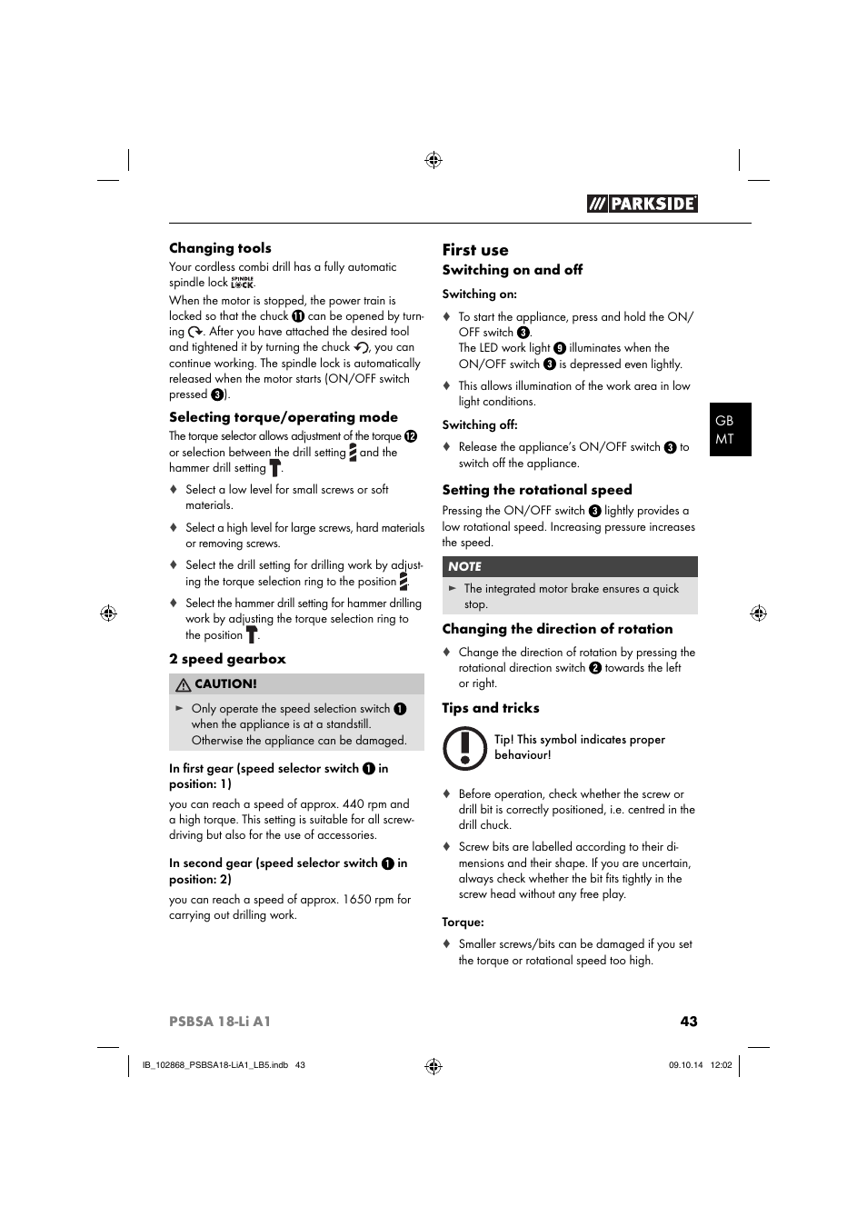 First use | Parkside PSBSA 18-Li A1 User Manual | Page 46 / 64