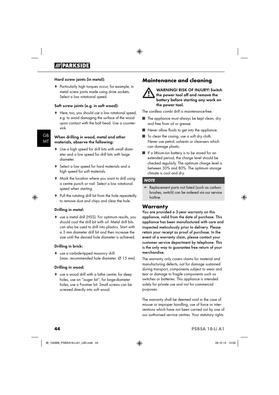 Maintenance and cleaning, Warranty | Parkside PSBSA 18-Li A1 User Manual | Page 47 / 64