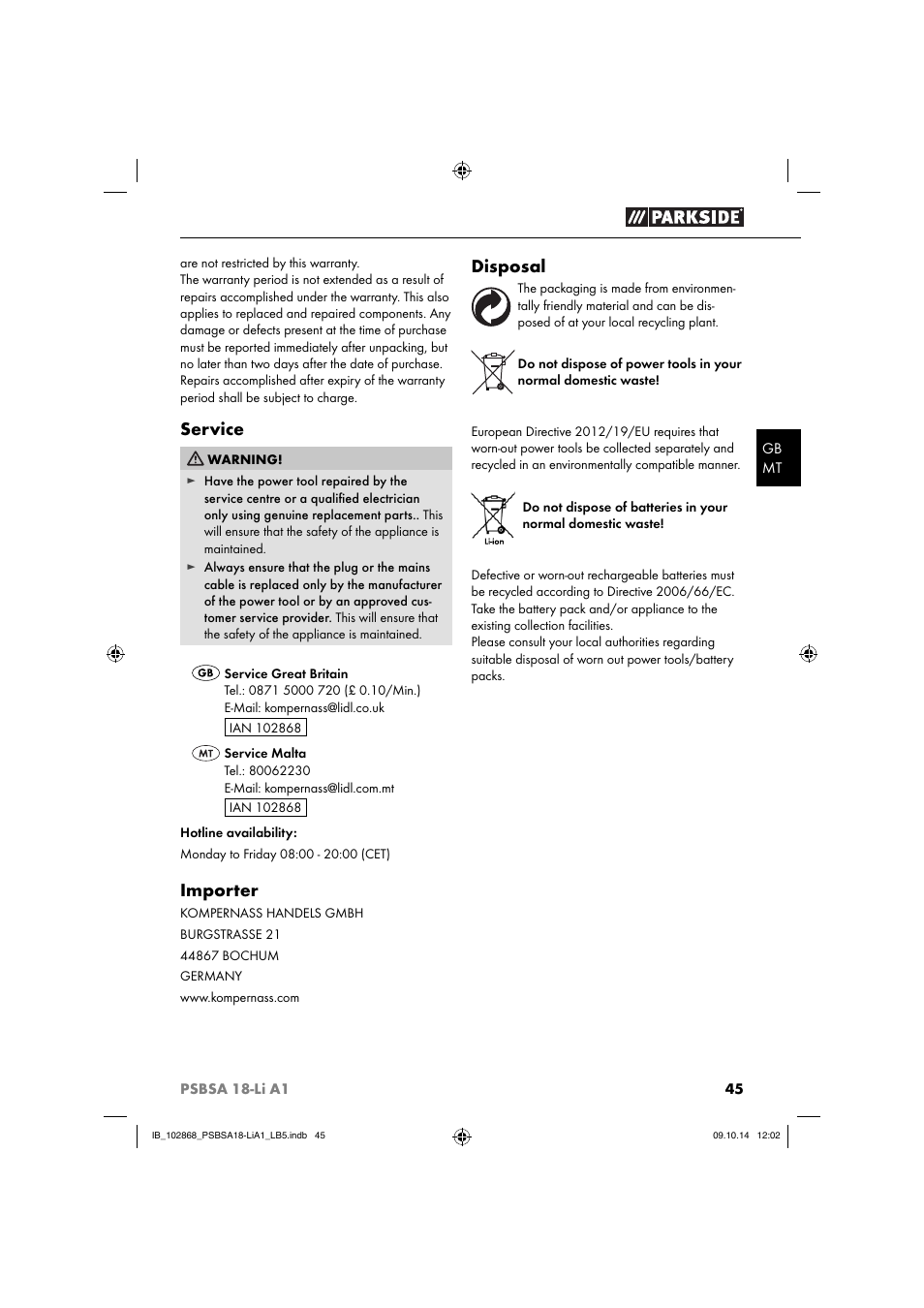 Service, Importer, Disposal | Parkside PSBSA 18-Li A1 User Manual | Page 48 / 64