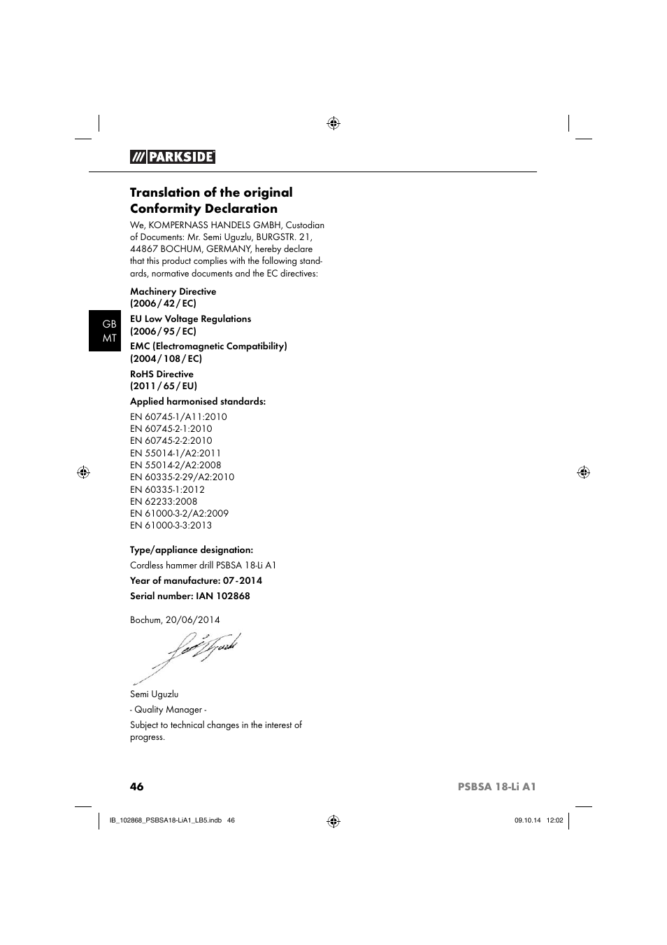 Translation of the original conformity declaration | Parkside PSBSA 18-Li A1 User Manual | Page 49 / 64