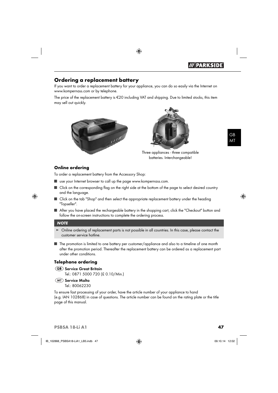 Ordering a replacement battery | Parkside PSBSA 18-Li A1 User Manual | Page 50 / 64