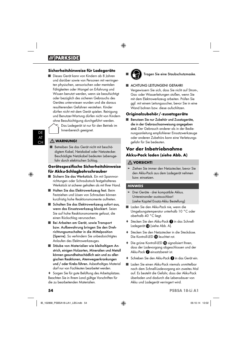 Vor der inbetriebnahme | Parkside PSBSA 18-Li A1 User Manual | Page 57 / 64